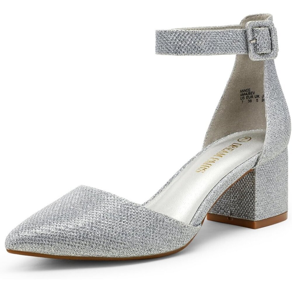 Women's Silver Pointed Toe Heels with Ankle Strap and 2.25 Inch Block Heel